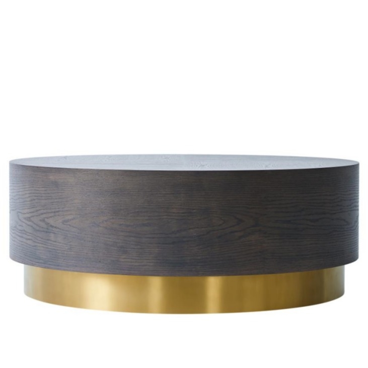 Wooden Top Rounded Living Room Coffee Table Gold Stainless Steel Base