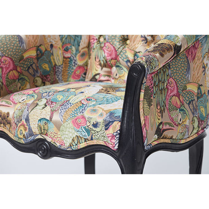 Noir élégant avec la chaise antique d'accent de fauteuil de vue de grain de chaise de style de chaise de tissu fou français en bois d'oiseaux 0